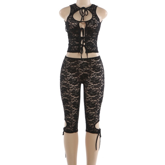 Hollow Out Tied-up See Through Lace Pant Set