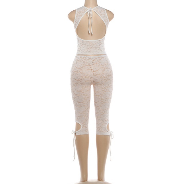 Hollow Out Tied-up See Through Lace Pant Set