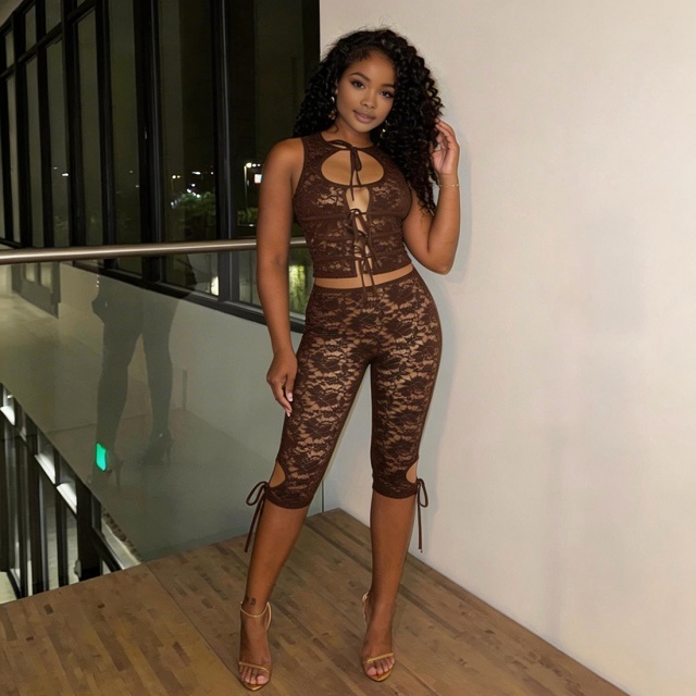Hollow Out Tied-up See Through Lace Pant Set