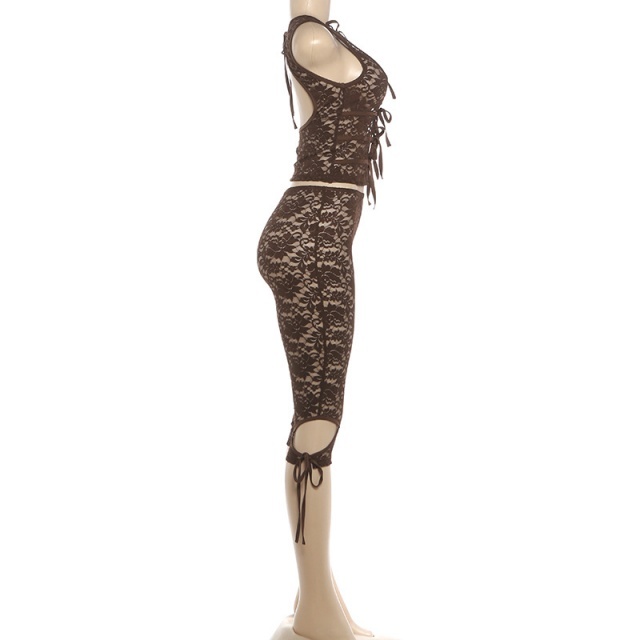 Hollow Out Tied-up See Through Lace Pant Set