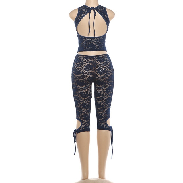 Hollow Out Tied-up See Through Lace Pant Set