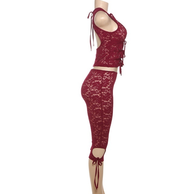 Hollow Out Tied-up See Through Lace Pant Set