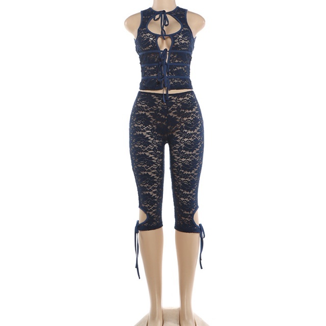 Hollow Out Tied-up See Through Lace Pant Set