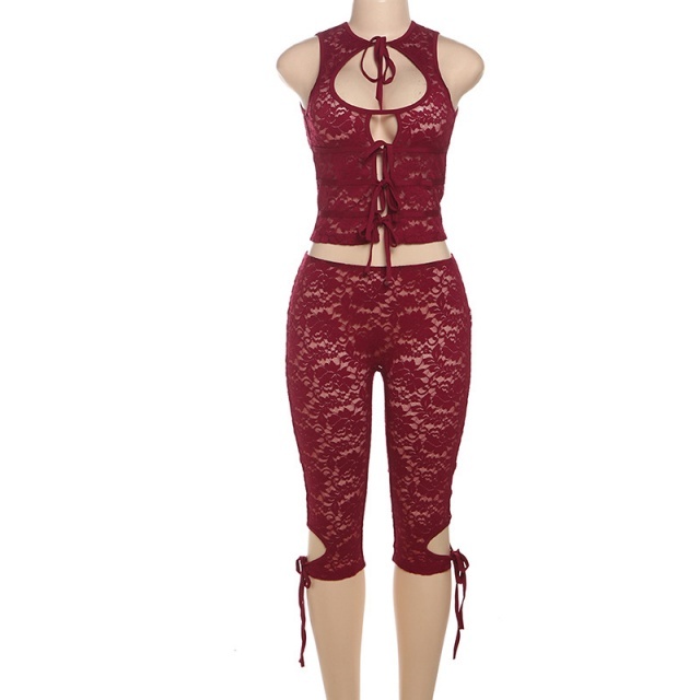 Hollow Out Tied-up See Through Lace Pant Set