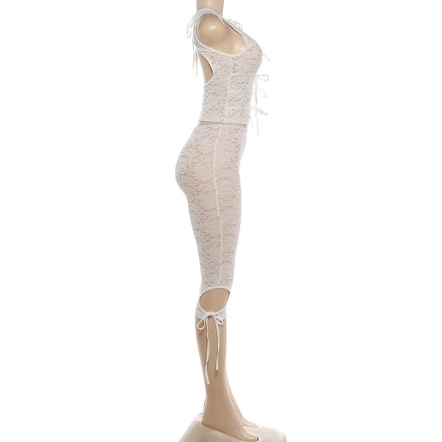 Hollow Out Tied-up See Through Lace Pant Set