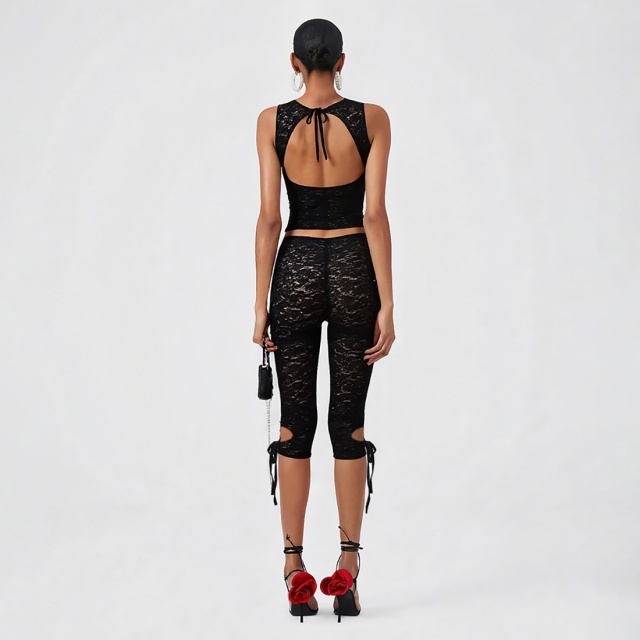 Hollow Out Tied-up See Through Lace Pant Set