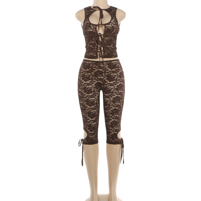 Hollow Out Tied-up See Through Lace Pant Set