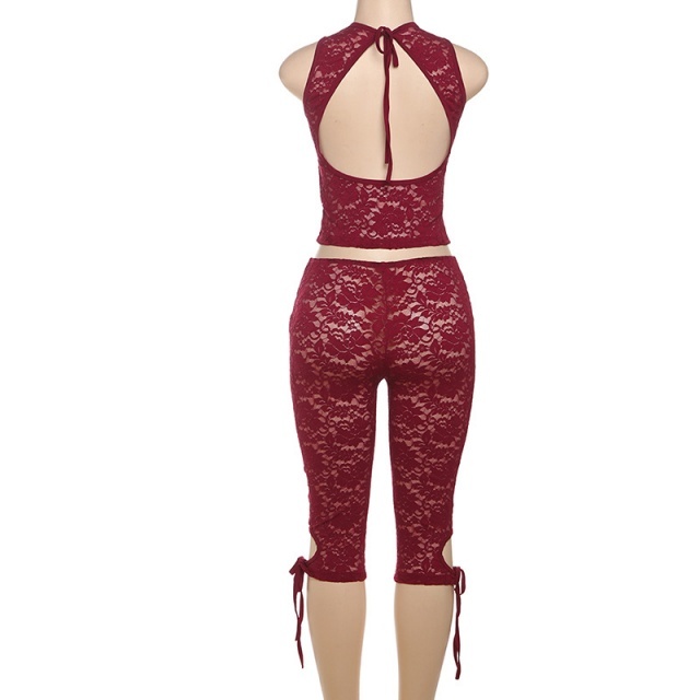 Hollow Out Tied-up See Through Lace Pant Set