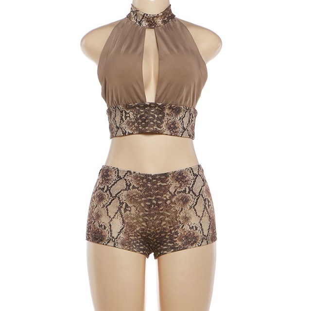 Snakeskin Halter Crop Top Slim Short Set