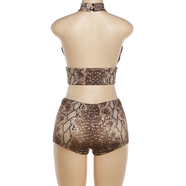Snakeskin Halter Crop Top Slim Short Set
