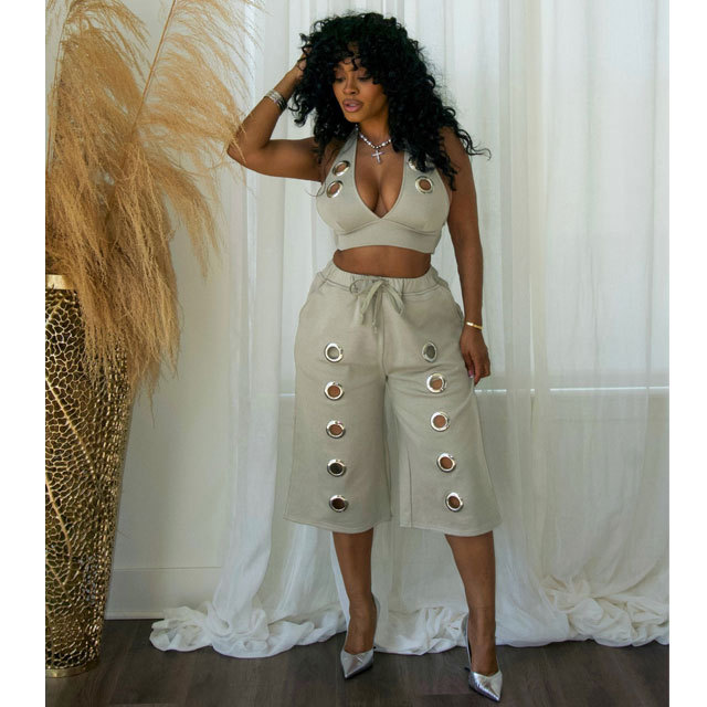 Fashion Eyelets Halter Top Midi Pants Set