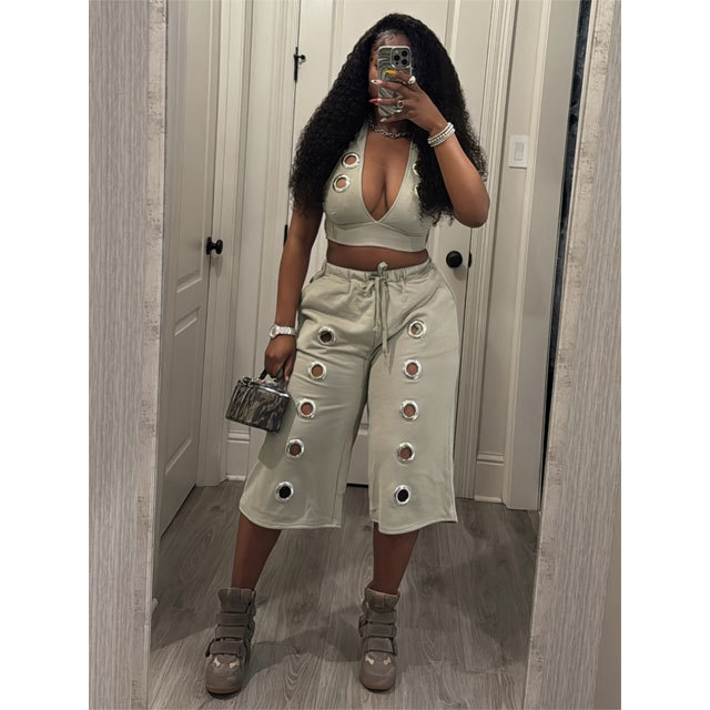 Fashion Eyelets Halter Top Midi Pants Set
