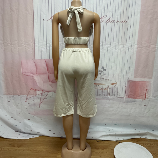 Fashion Eyelets Halter Top Midi Pants Set