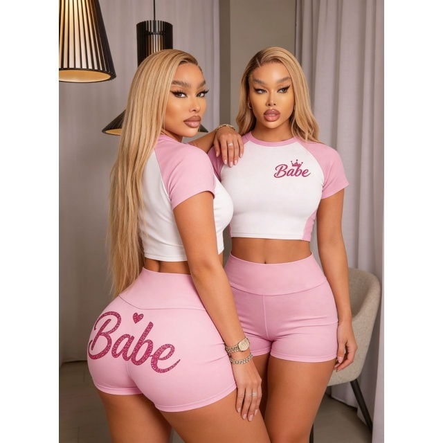 Colorblock Letters Printed Slim Fitted Short Set