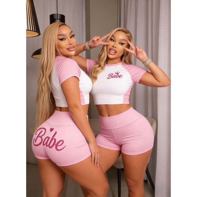 Colorblock Letters Printed Slim Fitted Short Set