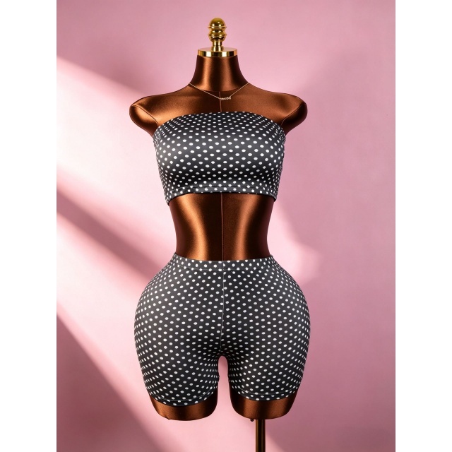 Dots Printed Tube Top Slim Fitted Short Set