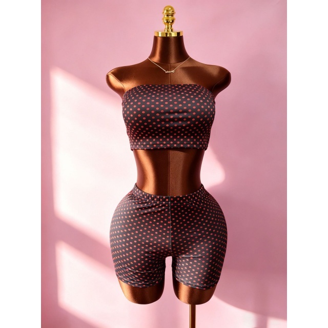 Dots Printed Tube Top Slim Fitted Short Set