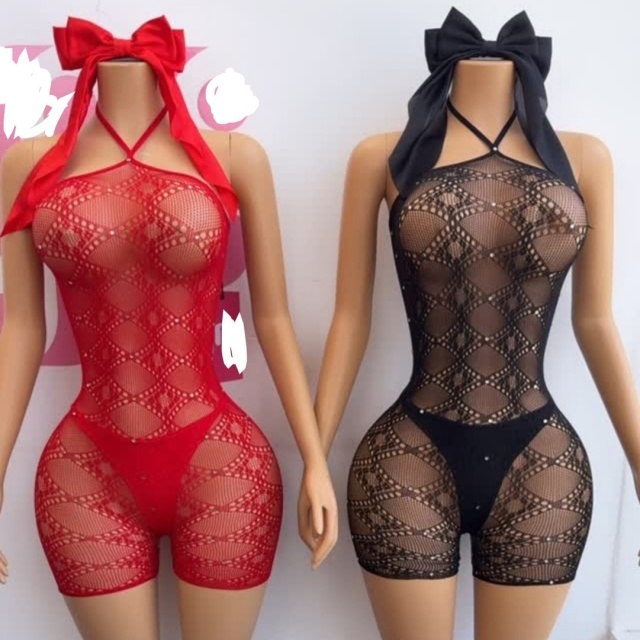 Halter Neck Hollow Out Sheer Mesh Lingerie Romper