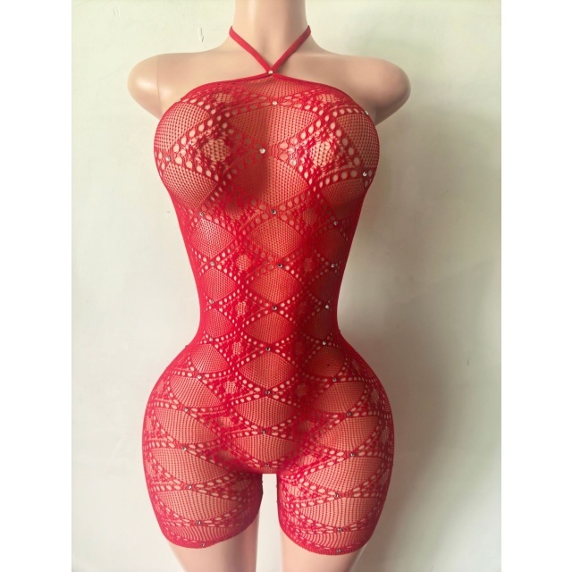 Halter Neck Hollow Out Sheer Mesh Lingerie Romper