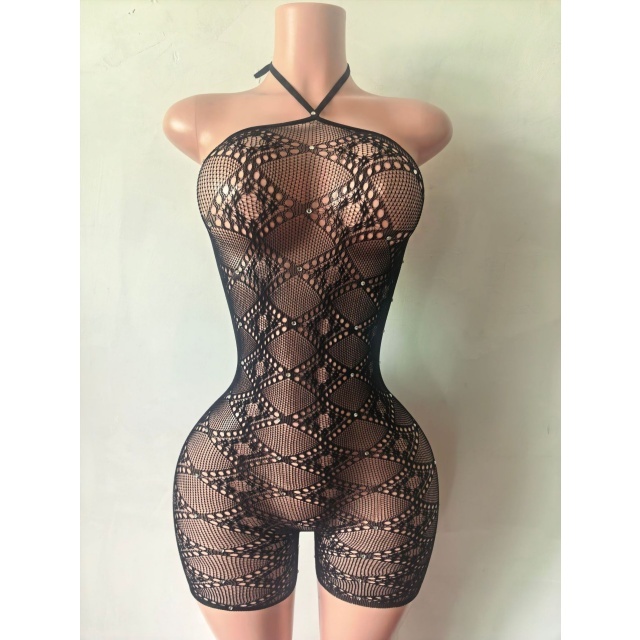 Halter Neck Hollow Out Sheer Mesh Lingerie Romper