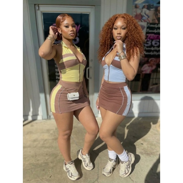 Colorblock Zipper Up Tank Top Mini Skirt Set
