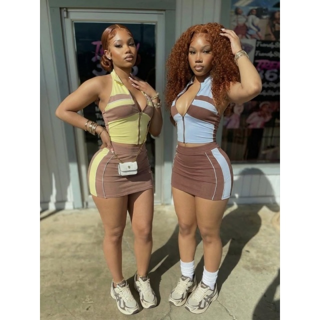 Colorblock Zipper Up Tank Top Mini Skirt Set