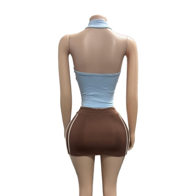 Colorblock Zipper Up Tank Top Mini Skirt Set