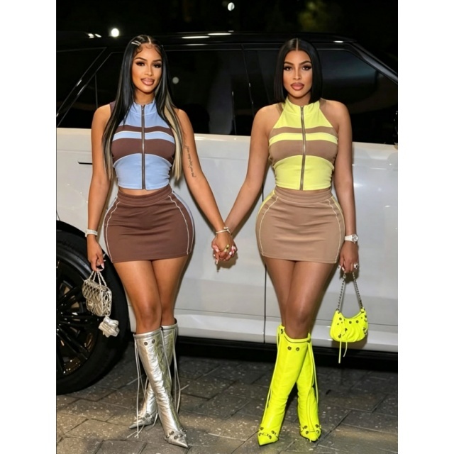 Colorblock Zipper Up Tank Top Mini Skirt Set