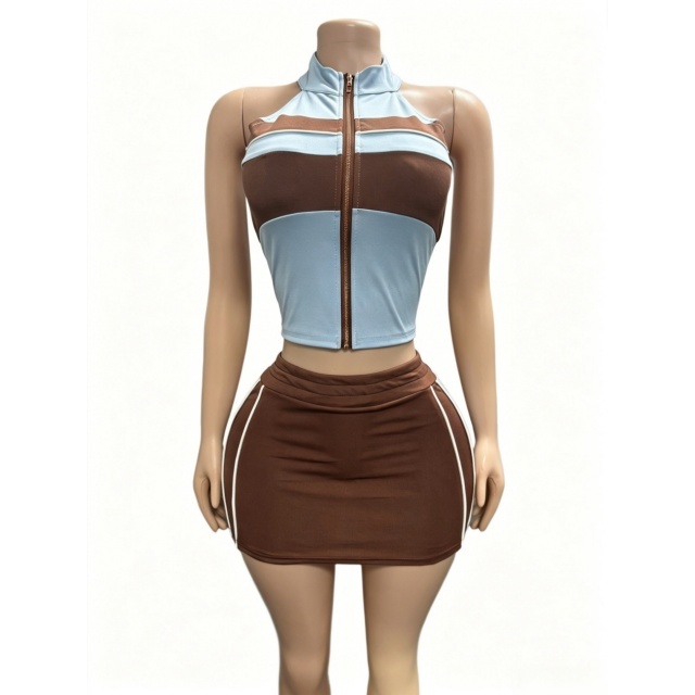 Colorblock Zipper Up Tank Top Mini Skirt Set