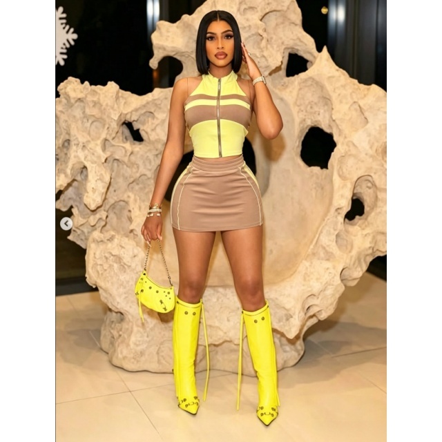 Colorblock Zipper Up Tank Top Mini Skirt Set