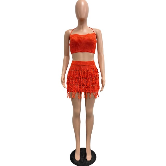 Crochet Strapless Top Tassel Skirt Set