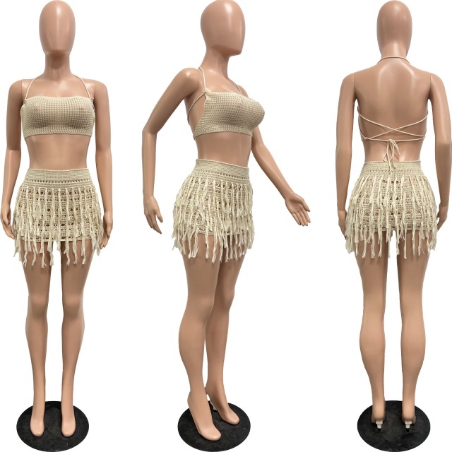 Crochet Strapless Top Tassel Skirt Set