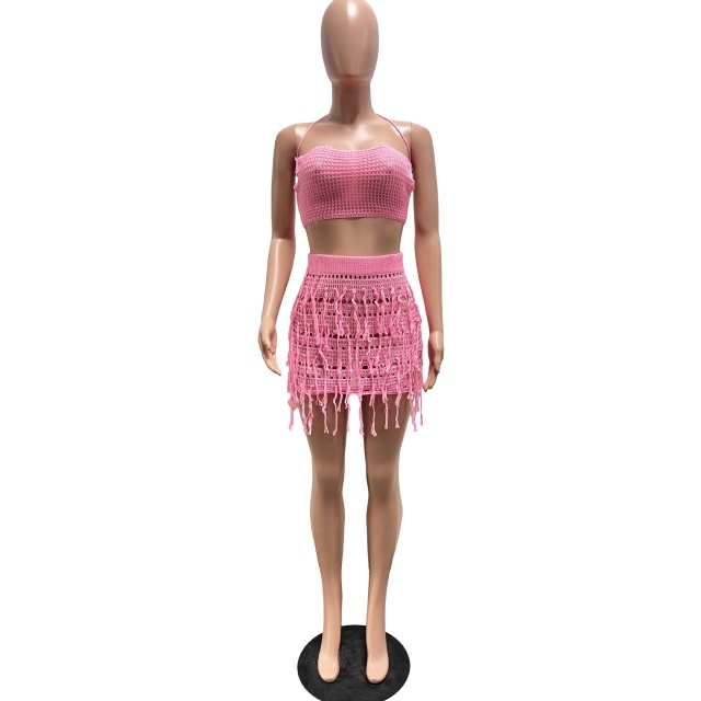 Crochet Strapless Top Tassel Skirt Set