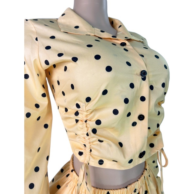 Polka-Dot Print Drawstring Cropped Shirt Puff Shorts Set