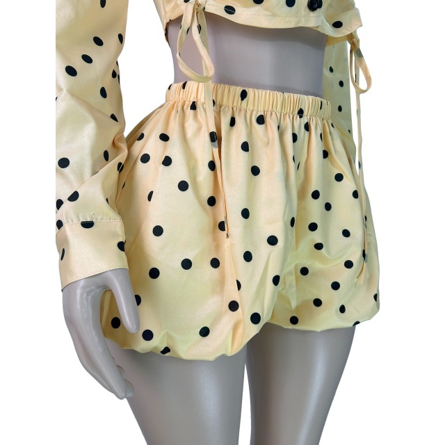 Polka-Dot Print Drawstring Cropped Shirt Puff Shorts Set