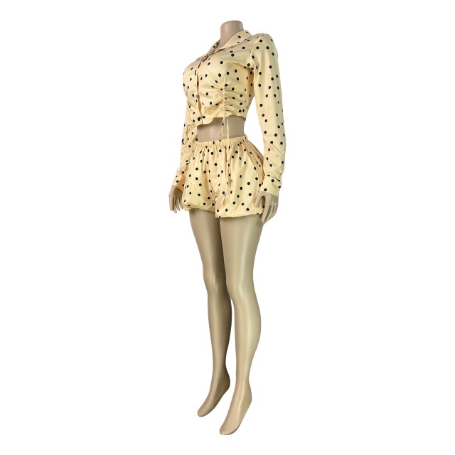 Polka-Dot Print Drawstring Cropped Shirt Puff Shorts Set