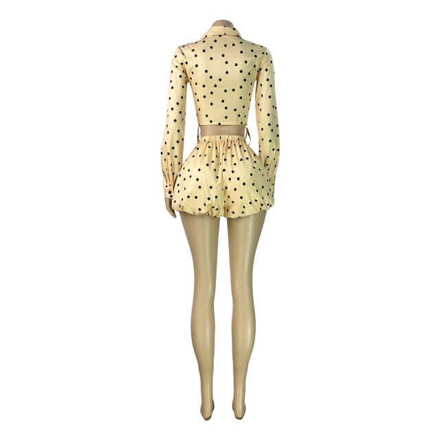 Polka-Dot Print Drawstring Cropped Shirt Puff Shorts Set