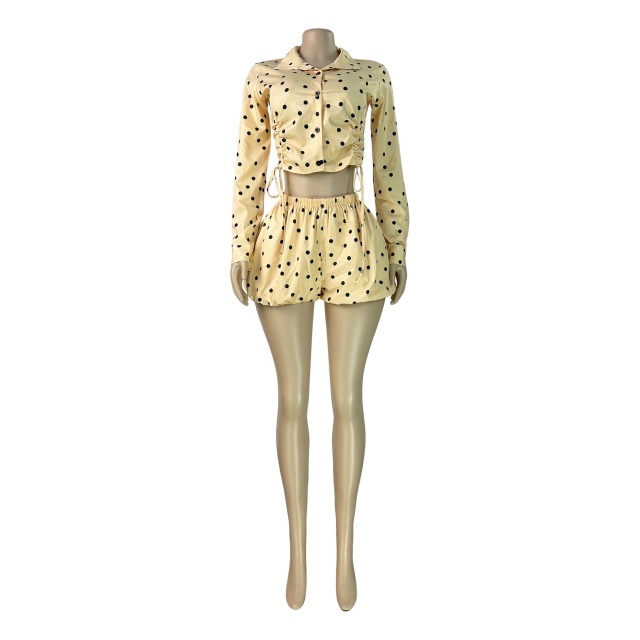 Polka-Dot Print Drawstring Cropped Shirt Puff Shorts Set
