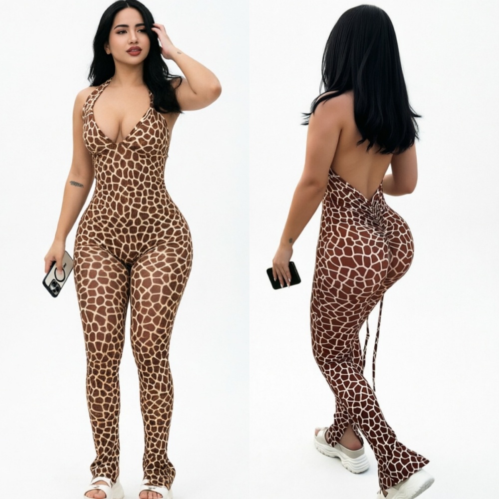 Printed Halter Neck Backless Fitted Jumpsuit