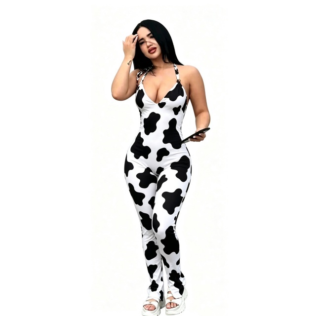 Printed Halter Neck Backless Fitted Jumpsuit