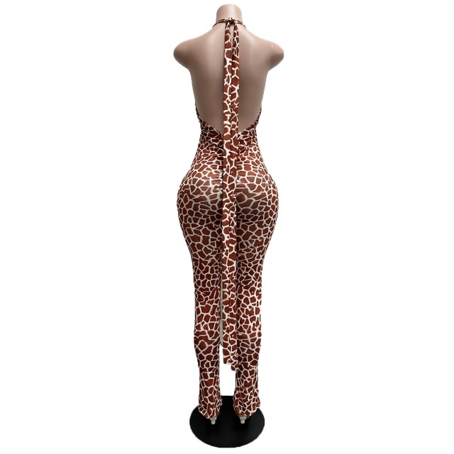 Printed Halter Neck Backless Fitted Jumpsuit
