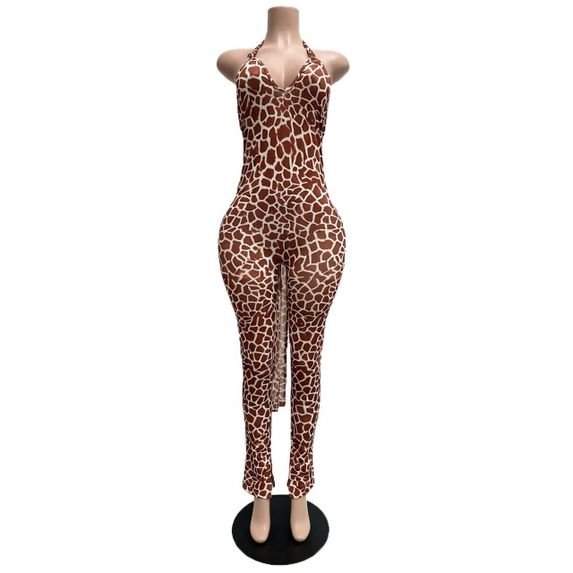 Printed Halter Neck Backless Fitted Jumpsuit