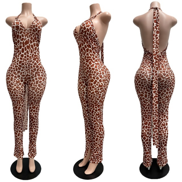 Printed Halter Neck Backless Fitted Jumpsuit