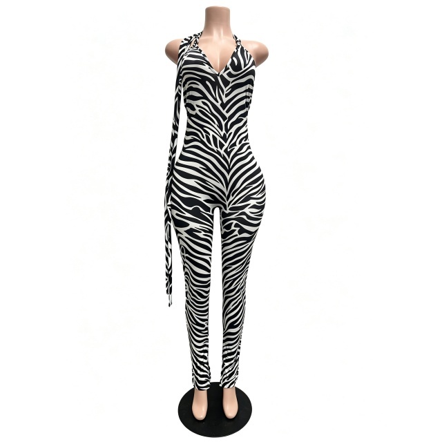 Printed Halter Neck Backless Fitted Jumpsuit