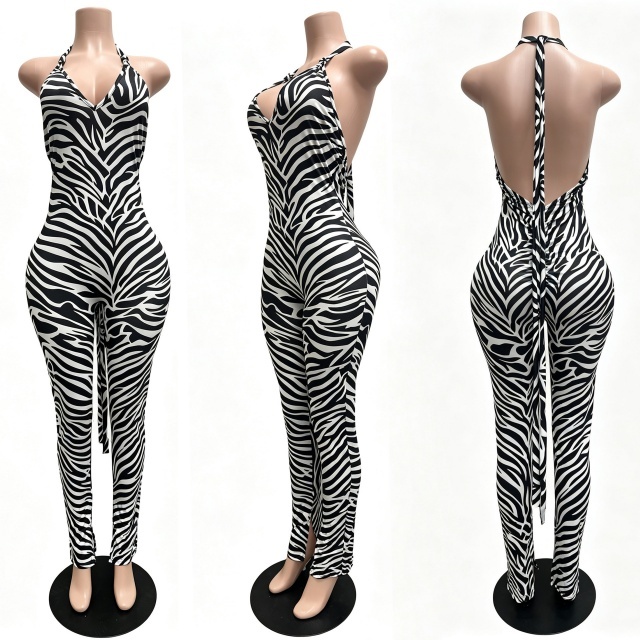 Printed Halter Neck Backless Fitted Jumpsuit