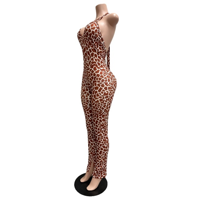 Printed Halter Neck Backless Fitted Jumpsuit