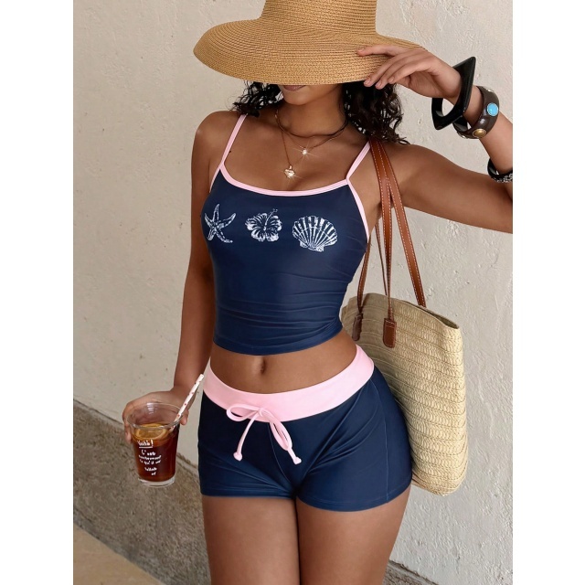 Contrast Color Cami Top Slim Fitted Short Set