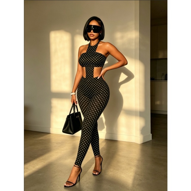 Dots Printed Cut Out Skinny Jumpsuit