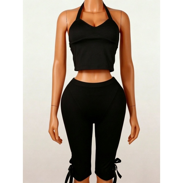 Halter Neck Crop Top Slim Fitted Cropped Pant Set