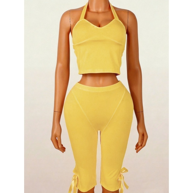 Halter Neck Crop Top Slim Fitted Cropped Pant Set